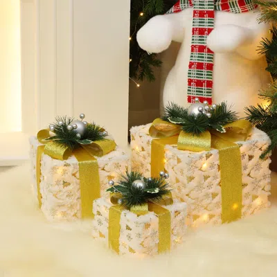 Luxenhome Christmas Decor Gift Boxes With Lights Outdoor - Set Of 3 In Neutral