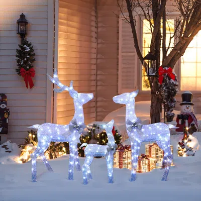 Luxenhome Christmas Deer Family Holiday Decor With Lighted, Set Of 3 In White