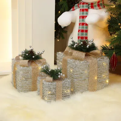 Luxenhome Christmas Silver Tinsel Lights Gift Boxes  - Set Of  3 In Multi