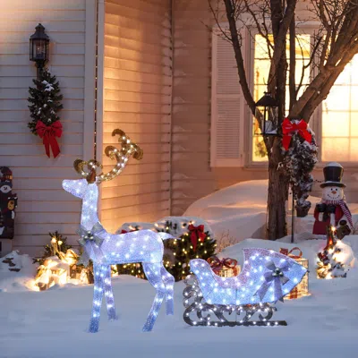 Luxenhome Christmas Sleigh Reindeer Holiday Decor With Lights,set Of 3 In Multi