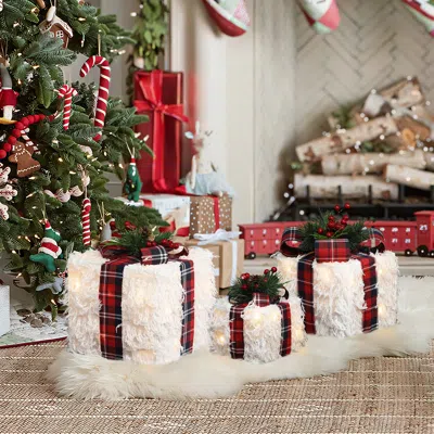 Luxenhome Christmas White Feathery Gift Box  Decor With Lights - Set Of  3 In Multi