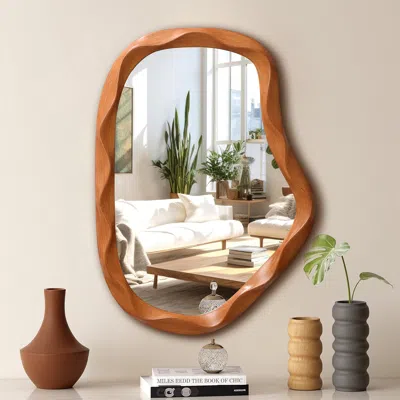 Luxenhome Dark Brown Asymmetrical Wood Frame Wall Mirror, 31.5"h