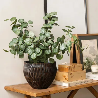 Luxenhome Dark Brown Textured Resin Round Planter, Small In Multi