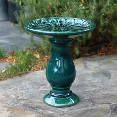 Luxenhome Dark Green Flower Ceramic Birdbath