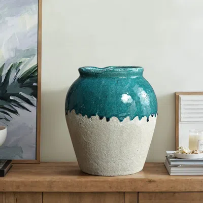 Luxenhome Dual Tone Turquoise Blue Glazed Stoneware Vase Jar Vase In Multi