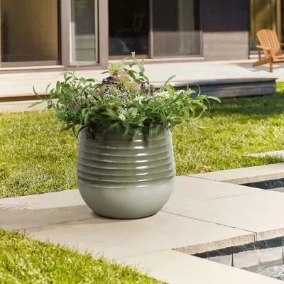 Luxenhome Emerald Ribbed Top With Ivory Bottom Resin Round Planter, 14.6" H In Multi