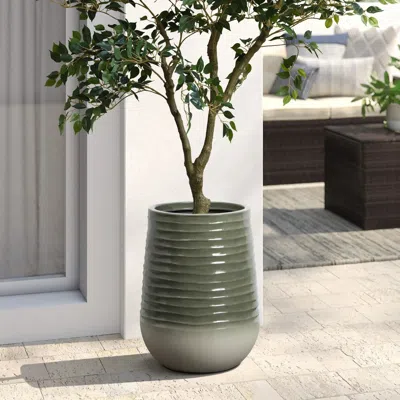 Luxenhome Emerald Ribbed Top With Ivory Bottom Resin Round Planter, 20" H In Multi