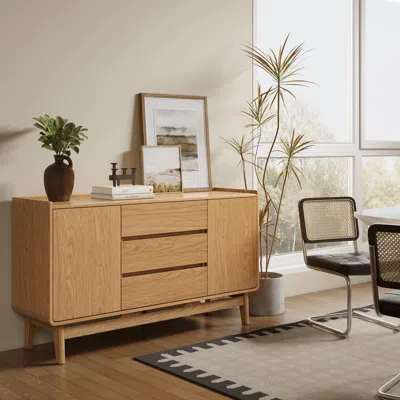 Luxenhome Eric Oak Finish Sideboard Storage Cabinet, 55" Wide In Multi