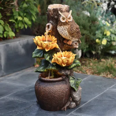Luxenhome Farmhouse Water Fountain With Lights – Sunflower And Owl Design In Multi
