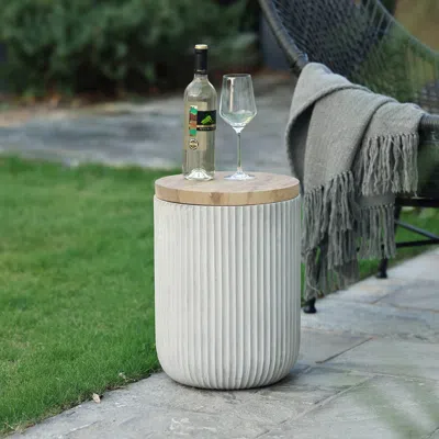 Luxenhome Fluted Cement Outdoor End Table With Faux Wood Top In Multi