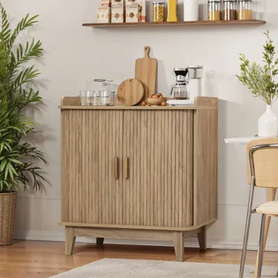 Luxenhome Fluted Tambour Door Oak Finish Storage Cabinet With Tray Top In Multi