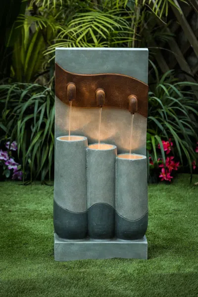 Luxenhome Fountain With Led Light – Modern Gray Cement 3-urn Outdoor Design In Multi