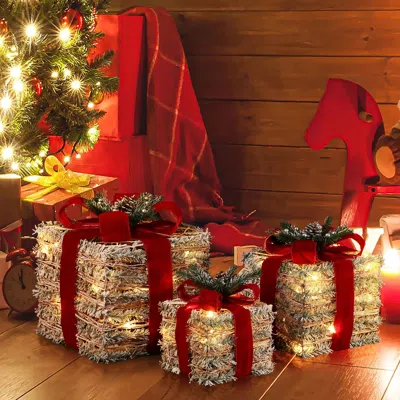 Luxenhome Frosted Faux Cedar Branch Giftbox, Battery-powered, Set Of 3 In Multi