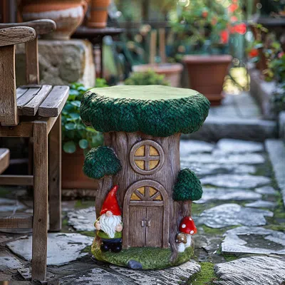 Luxenhome Gnome Tree Stump Mgo Indoor And Outdoor Sculpture Side Table In Multi