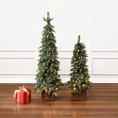 Luxenhome Green Downswept Christmas Tree With Potted,set Of 2