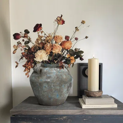 Luxenhome Handmade Round Terracotta Vase Pottery,blue & Brown 10'' In Gray
