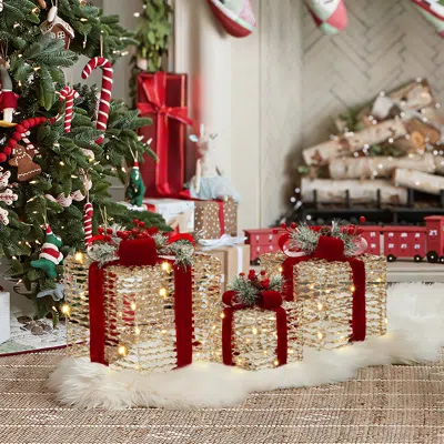 Luxenhome Holiday Decor Plastic Rattan Gift Box With Lights, Set Of 3 In Multi