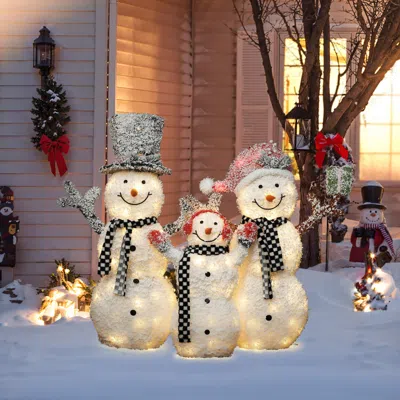 Luxenhome Holiday Frosted Snowman Decoration With Lights, Set Of 3 In Multi
