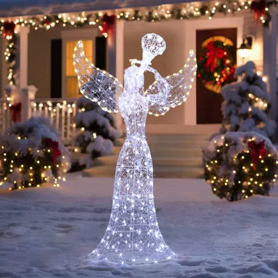 Luxenhome Holiday Trumpet Angel Outdoor Decoration With Lights, 5ft In White