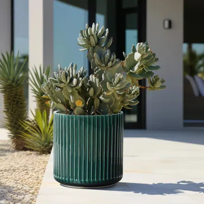 Luxenhome Jade Green Ribbed Glazed Round Ceramic Planter, 13" H