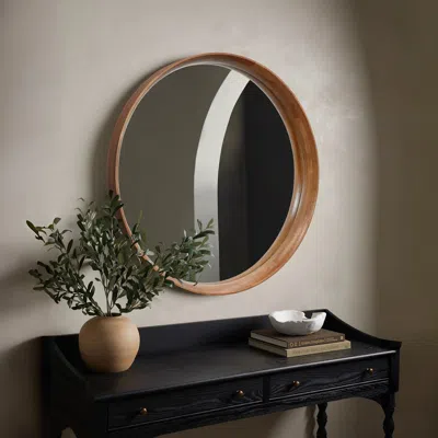 Luxenhome Jean Wood Frame Round Wall Mirror, 31.5"d In Brown