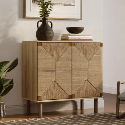 Luxenhome Kaia 2-door Storage Cabinet, Mid-century Modern With Rope Panel Detail In Brown