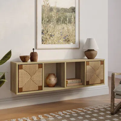 Luxenhome Kaia Rope & Wood Finish Floating Wall Mount Shelf Unit With Cabinet In Brown