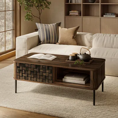Luxenhome Kairo Basket Weave Design Manufactured Wood Coffee Table, Oak47" In Brown