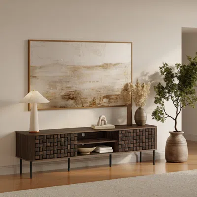 Luxenhome Kairo Basket Weave Design Manufactured Wood Tv Console Table, Oak 71" In Brown