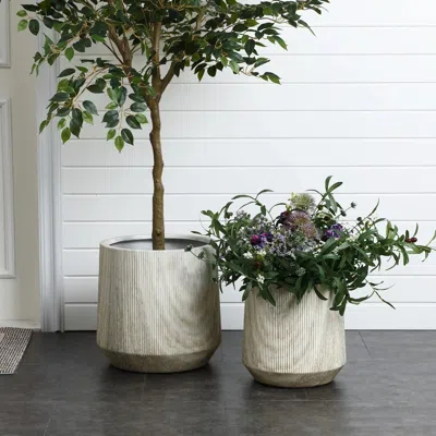 Luxenhome Light Grey Ribbed Stone-effect Mgo Round Planters, Set Of 2