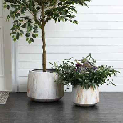 Luxenhome Light Grey Ribbed Stone-effect Mgo Short Planters, Set Of 2 In Neutral
