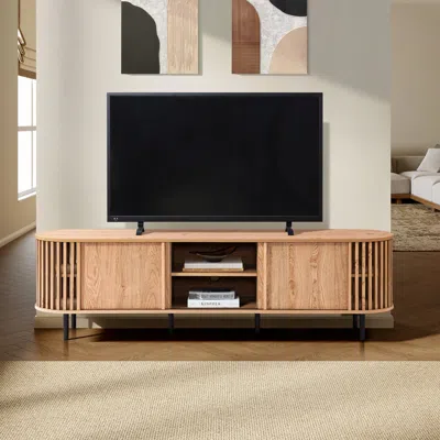 Luxenhome Light Oak Finish Engineered Wood 2-door And Open Storage 71-inch Wide Tv Console In Brown