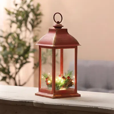 Luxenhome Lighted Christmas Holiday Berry And Pine Cone Rustic Red Lantern In Brown