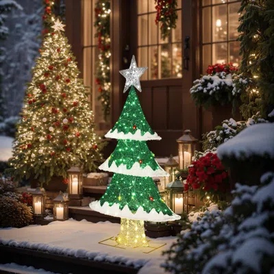 Luxenhome Lighted Green Christmas Tree Indoor And Outdoor Holiday Decoration