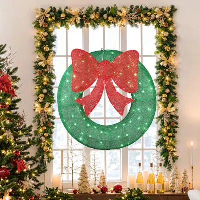 Luxenhome Lighted Green Wreath With Red Bow, 3 Ft In Multi