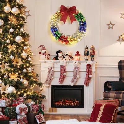 Luxenhome Lighted Ornament Wreath With Red Bow, 2 Ft In Multi