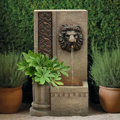Luxenhome Lion Head Fountain With Lights – 25.8" Sandstone-look Resin In Brown