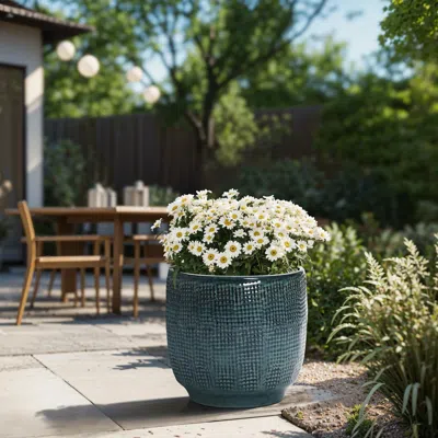 Luxenhome Marina Gray Glazed Round Ceramic Planter, 11.22" H In Blue