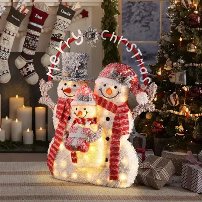 Luxenhome Merry Christmas Snowman Trio With Battery-powered Lights In White