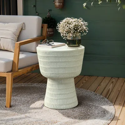 Luxenhome Meru White Outdoor Side Table With Textured Round Design In Neutral