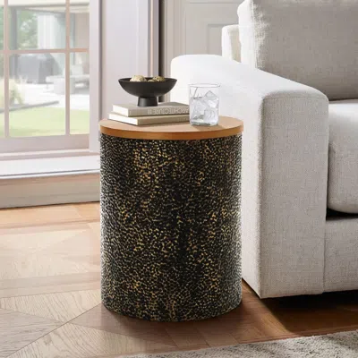 Luxenhome Metal Side Table With Black And Gold Hammered Iron Base In Brown