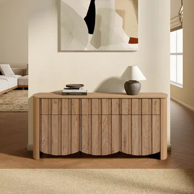 Luxenhome Mid-century Modern Buffet Cabinet Sideboard With Slatted Design In Brown
