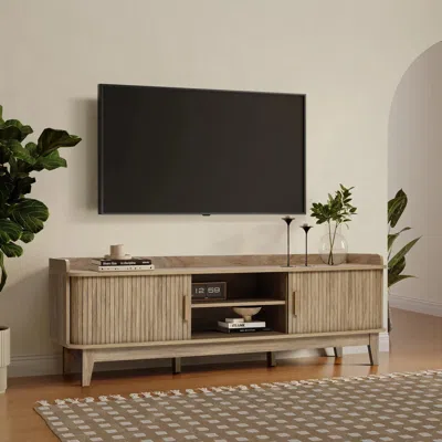 Luxenhome Mid-century Modern Tambour-style 2-door 63-inch Wide Tv Stand With Tray Top, Oak In Brown