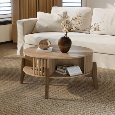 Luxenhome Miko Coffee Table With Solid Wood Legs And Storage In Brown