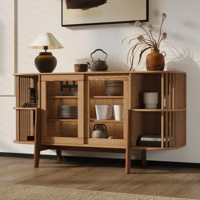 Luxenhome Miko Sideboard Server Cabinet With Solid Wood Legs In Brown