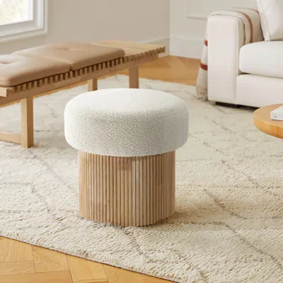 Luxenhome Mina Boucle And Wood Storage Ottoman In Neutral