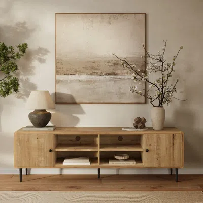 Luxenhome Mira Modern Wood Tv Stand With Storage And Rounded Edges, Oak 71" In Brown