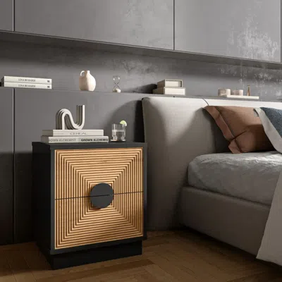 Luxenhome Modern Black Boho Nightstand With Bamboo Stripes, 20'h