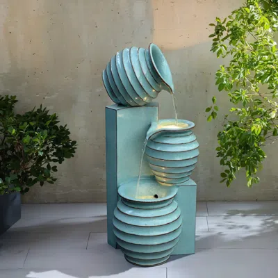 Luxenhome Modern Bowls Water Fountain With Lights – 3-tier Aqua Blue Polyresin