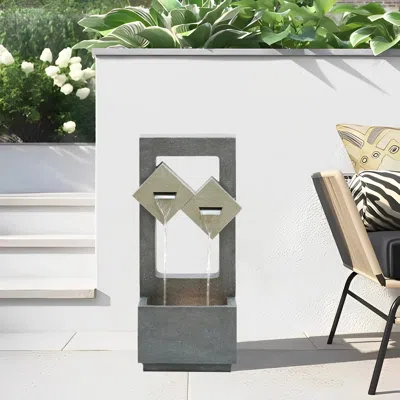 Luxenhome Modern Outdoor Fountain With Led Lights – Gray Rectangular Style
